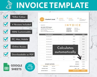 Yellow Automated Invoice Google Sheets Template | Business Invoice | Order Form | Invoice Generator | Receipt Template | Sales Invoice