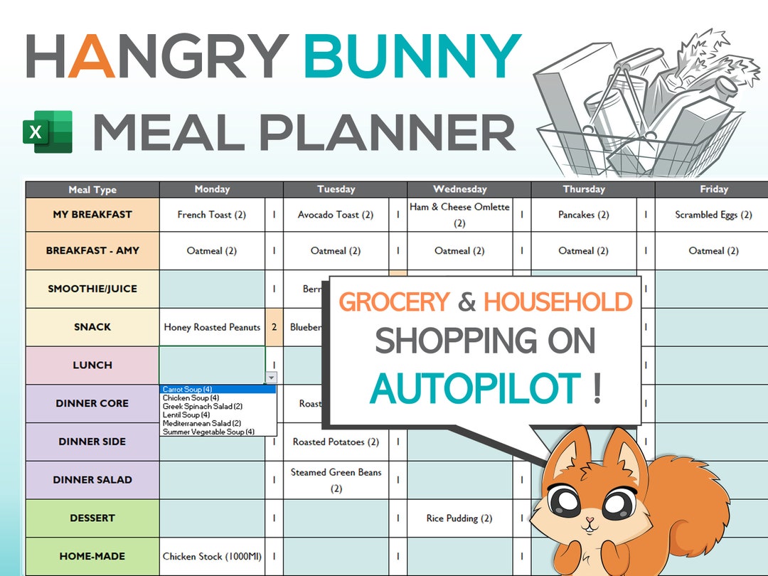 Excel Meal Planner | Weekly or Monthly Customisable Meal Planner | Automatic Grocery List ...