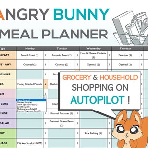 Excel Meal Planner | Weekly or Monthly Customisable Meal Planner | Automatic Grocery List | Printable & Mobile Shopping List | Meal Planning