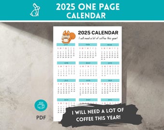 2025 Calendar: Coffee Squirrel Printable, Funny Office Decor (PDF Download A4 Size)