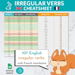 107 English Irregular Verbs Cheatsheet With French Translation | Editable Google Sheets Template | English Grammar Chart | ESL Learning Tool