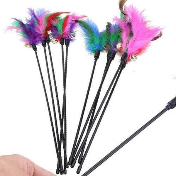 Cat Pet Toy Kitten Funny Teaser Stick Interactive Wand Feather Bell Rod Colorful