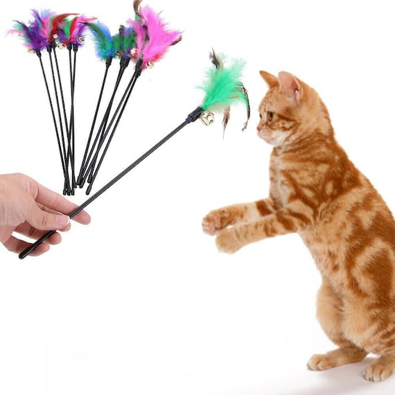 Cat Pet Toy Kitten Funny Teaser Stick Interactive Wand Feather Bell Rod Colorful