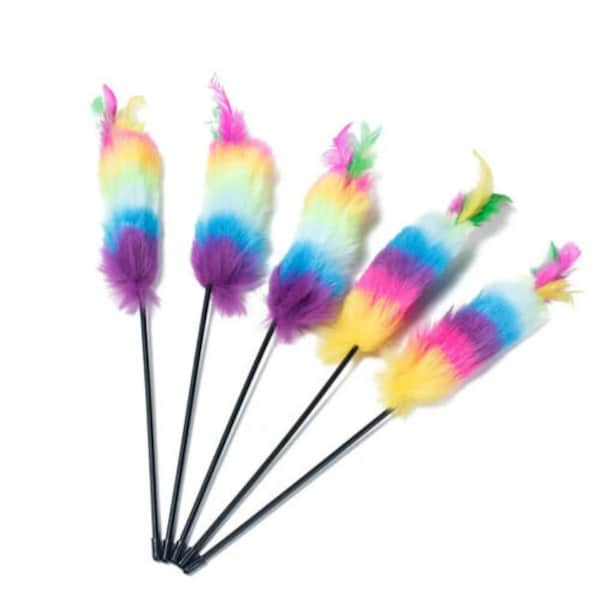 Cat Funny Kitten Teaser Rod Interactive Stick Toys Rainbow Feather Chaser Wand
