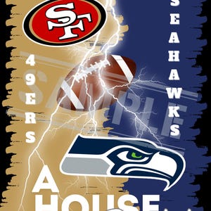 Może przedstawiać: Projekt graficzny przedstawiający logo San Francisco 49ers i Seattle Seahawks. Projekt jest podzielony na pół, z 49ers po lewej stronie i Seahawks po prawej. Oba logo są oddzielone błyskawicą. Tekst "A House Divided" jest napisany pod logo.