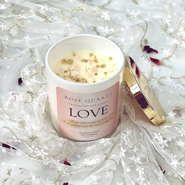 Soy Candle Infused With Rose Quartz & Gold Foil * Gift for her * Valentine's Day Gift * Special Crystal Candle * Bridal Gift* Wedding gift