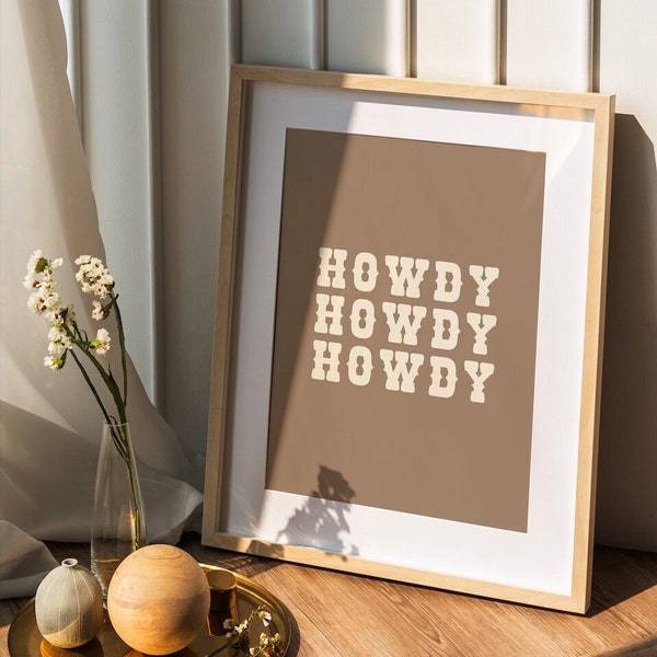 Brown and Beige Howdy | Rustic Cowboy Decor | Minimalist Southwestern Wall Art | Neutral Home Decor