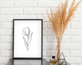 Black and White Minimalist Flower Outline | Digital Print With Instant Download | Modern Wall Decor