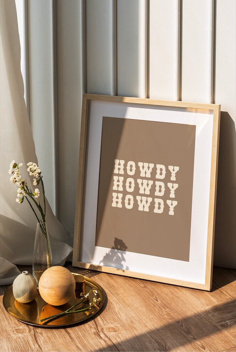 Brown and Beige Howdy Rustic Cowboy Decor Minimalist Southwestern Wall Art Neutral Home Decor image 1