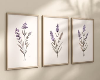 Boho Lavender Floral Art Prints, Set of 3 Wall Art, Purple Flower, Lavender Bouquet, Nursery Lilac Decor, Play Room, Girl Baby Room Ideas