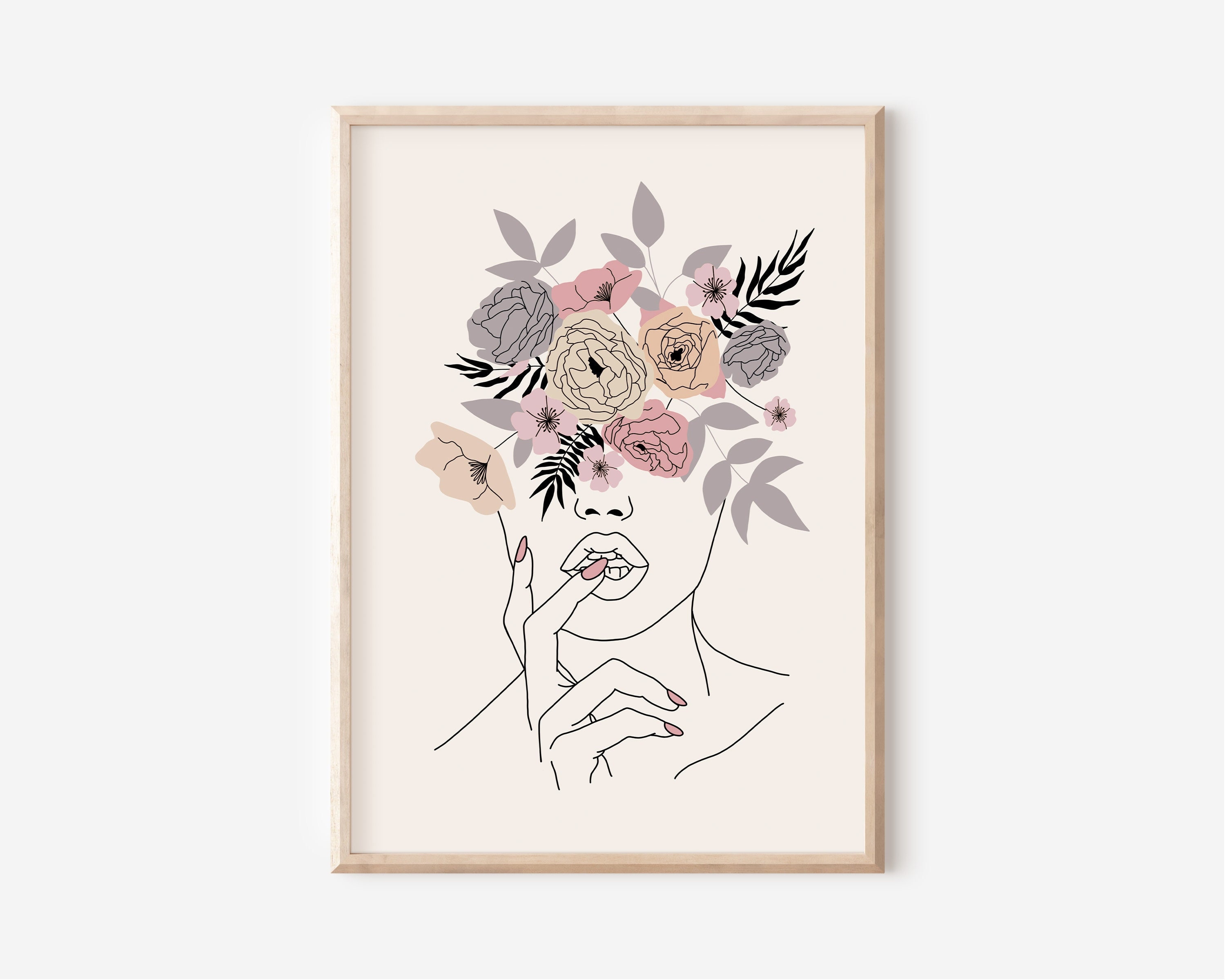 Line Art Woman Face With Flowers, Female Portrait Printable, Floral ...