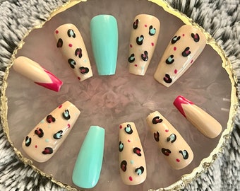 Leopard/Aqua/Pink/Press on Nails/Glue on Nails/RTS