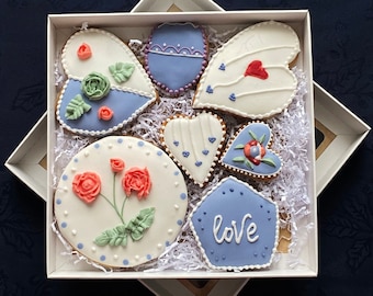 Royal Icing Dekorierte Kekse Set Süße Geschenkbox Plätzchen Floral Kekse Valentinstag Geburtstag Handgemachte HonigKekse Geschenk für jeden Anlass