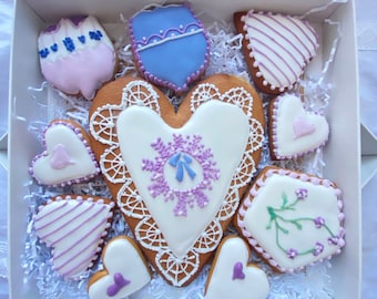 Royal Icing Dekorierte Kekse Set Süße Geschenkbox Lavander Kekse Valentinstag, Geburtstag Handgemachte Honig Lebkuchen Kekse für jeden Anlass