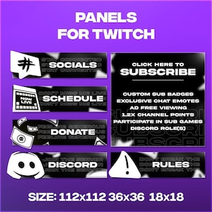 Peut inclure: Un ensemble de cinq panneaux Twitch noirs et blancs avec différents textes et icônes. Les panneaux incluent "Restez connectés Socials", "Cliquez ici pour vous abonner", "Ne manquez pas mon planning en direct", "Si vous vous sentez généreux, faites un don", "Rejoignez le serveur Discord", et "Ne violez pas les règles".