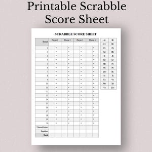 Modèle de feuille de score Scrabble, carte de score Scrabble imprimable, feuille de score Scrabble imprimable, score de Scrabble