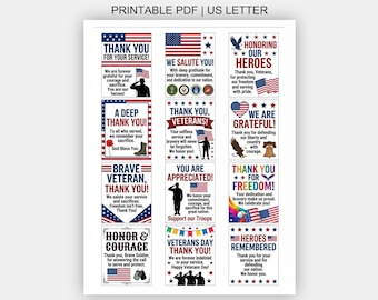 May include: A printable PDF sheet on US Letter paper featuring twelve rectangular cards with patriotic themes. Each card displays red, white, and blue designs, American flags, eagles, and text honouring veterans, including phrases like Thank You For Your Service.