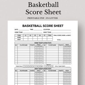 May include: A printable basketball score sheet in US Letter size. The sheet includes sections for date, time, location, and team information. It has spaces for player stats, including points and fouls, and team fouls and timeouts.