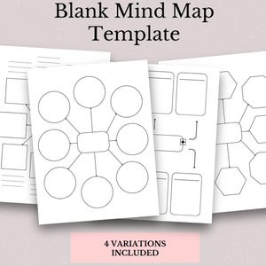 May include: Four white blank mind map templates with different designs, including circles, squares, and octagons. The text "Blank Mind Map Template" is at the top, and "4 Variations Included" is at the bottom.