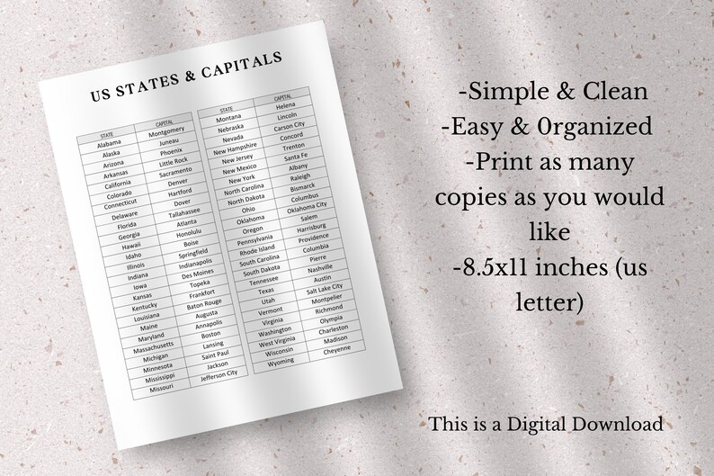 US States and Capitals Printable List, Educational Geography (PDF) - Etsy