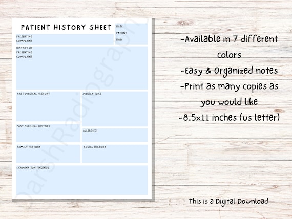 Patient History Taking Sheet Template, Medical Notes (digital