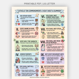 May include: A printable US letter PDF titled Catholic Ten Commandments: Cheat Sheet & Summary. The document features ten numbered sections with text, bullet points, and colorful icons illustrating each commandment, including religious symbols.