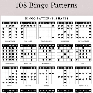 108 Bingo Patterns, Printable Bingo Patterns, Bingo Alphabet, Numbers, Signs, Shapes, Game Night, Bingo Winning Patterns