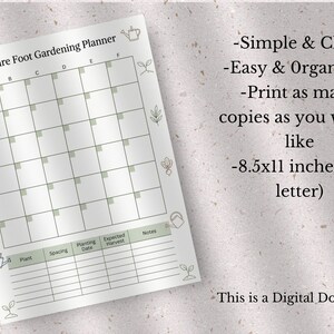 May include: A digital Square Foot Gardening Planner on an off-white background. The planner includes a grid for planting, spacing, and harvest dates. Text on the page includes "Simple & Clean" and "8.5x11 inches (US letter)".