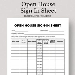 Puede incluir: Una hoja de registro de Open House imprimible en tamaño US Letter. La hoja incluye campos para la fecha, la dirección y la información del visitante, como el nombre, el teléfono, el correo electrónico y los comentarios. También tiene secciones para el agente y el interés de compra/venta.