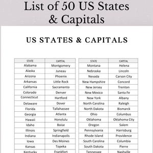Liste imprimable des 50 États et capitales des États-Unis, États des États-Unis, capitales des États-Unis, liste éducative pour les enfants, États des États-Unis et capitales
