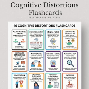 May include: A printable PDF with 16 Cognitive Distortions Flashcards, US Letter size. Each card defines a cognitive distortion, such as "All-or-Nothing Thinking" and "Overgeneralisation", with a brief description and illustration.