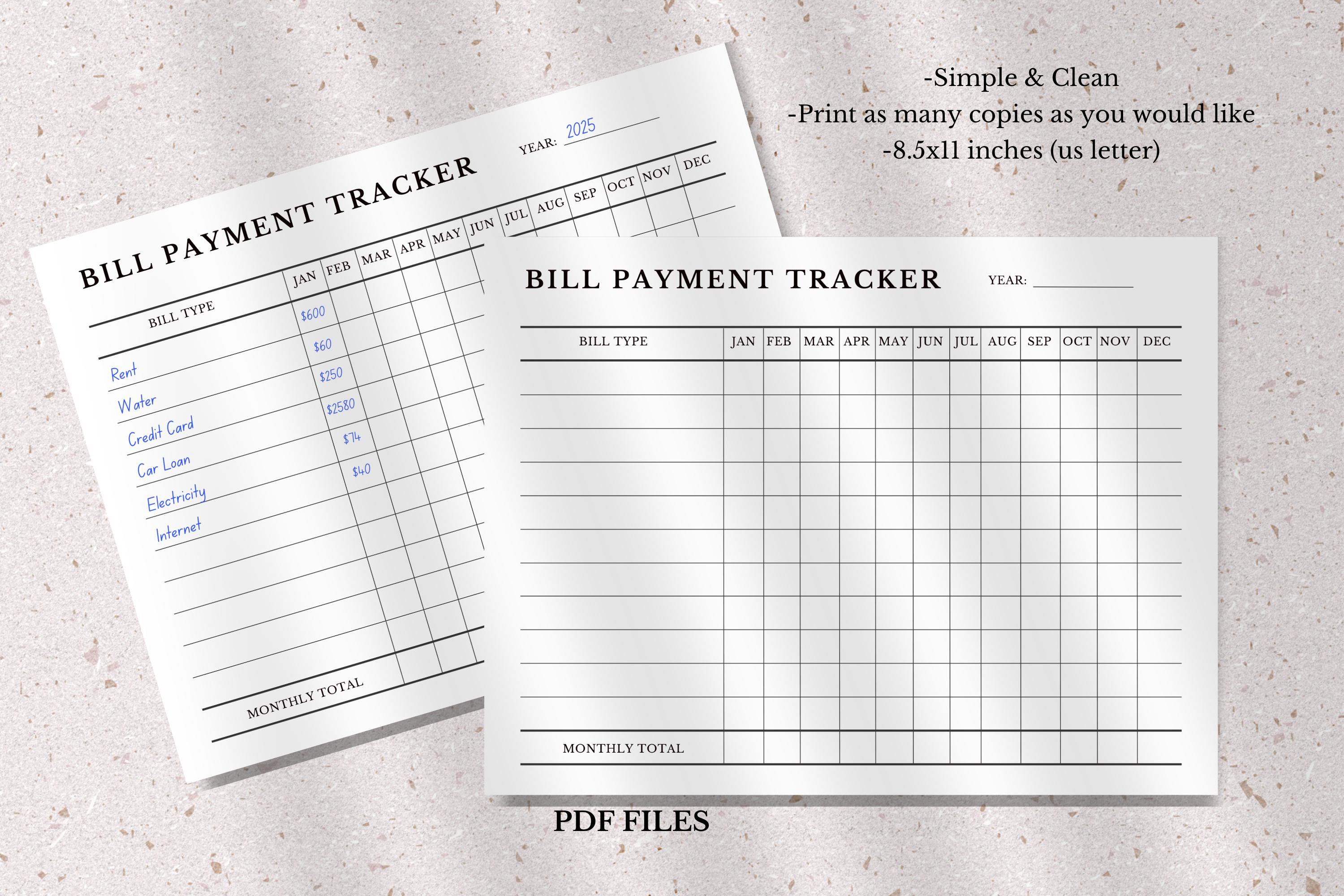 Yearly Bill Payment Tracker Printable, Monthly Expense Log (digital ...