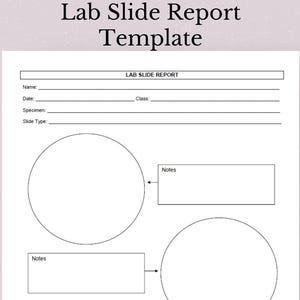 Può includere: Un modello di rapporto di vetrino da laboratorio stampabile in bianco e nero con sezioni per nome, data, campione, tipo di vetrino, classe e note. Il modello include due cerchi per disegnare diagrammi e due caselle rettangolari per scrivere note.