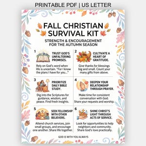 May include: A printable US letter PDF titled Fall Christian Survival Kit, featuring six numbered sections with illustrations and text about faith, surrounded by a border of watercolor autumn leaves, acorns, and berries on a white background.
