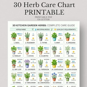 以下が含まれることがあります： 「30 Herb Care Chart PRINTABLE」というタイトルの、30種類のキッチンガーデンハーブの完全ケアガイドが印刷されたハーブケアチャート。チャートには、ハーブ名、水やり、日照条件が含まれています。