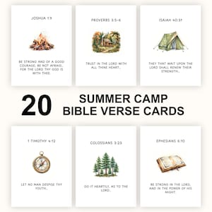 20 Summer Camp Bible Verse Cards Printable PDF, Christian Scripture Memory Cards, VBS Youth Group Verses, Kids Devotional Camp Activity