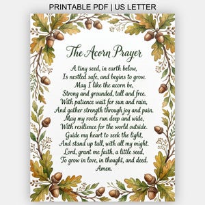 May include: A printable PDF document on US Letter paper featuring The Acorn Prayer text in black script. The poem is framed by a watercolour border of green oak leaves, brown twigs, and small brown acorns against a plain white background.