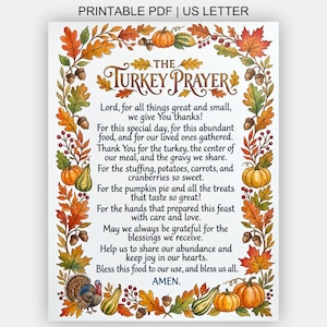 May include: A printable PDF document on US Letter paper featuring the text The Turkey Prayer surrounded by a decorative border of colorful autumn leaves, acorns, pumpkins, gourds, and a turkey illustration, all rendered in a watercolor style.