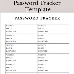 以下が含まれることがあります： 「PASSWORD TRACKER」というタイトルが上部に書かれた、白黒の印刷可能なパスワードトラッカーテンプレート。テンプレートには、ウェブサイト、ログイン、パスワードの列があります。