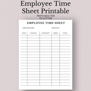 Employee Time Sheet Printable PDF | Time In Time Out + Break Hours | Work Hours Log | HR Time Tracker | Instant Download