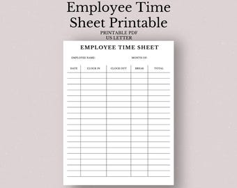 Employee Time Sheet Printable PDF | Time In Time Out + Break Hours | Work Hours Log | HR Time Tracker | Instant Download