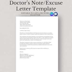 Arzt Note Vorlage Medizinischer Entschuldigung Brief Bearbeitbar in Canva & Word Doktor Entschuldigung für Arbeit oder Schule