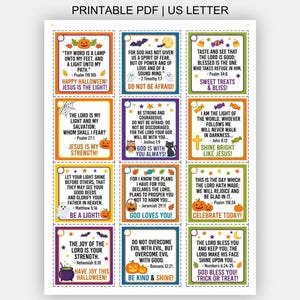 May include: A printable PDF US letter sheet featuring twelve square tags with Halloween-themed borders and illustrations. Each tag contains a Bible verse and religious text, such as Psalm 119:105, 2 Timothy 1:7, and Psalm 34:8, decorated with pumpkins, candy, and ghosts.