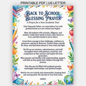 Może przedstawiać: Dokument do druku w formacie US letter zatytułowany Back to School Blessing Prayer. Tekst otoczony jest kolorową ramką z akwarelowymi ilustracjami książek, ołówków, jabłek, motyli, liści i globusa na białym tle.