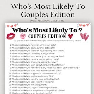 Op de afbeelding: Een printbaar PDF-spelblad getiteld Who's Most Likely To Couples Edition. De witte pagina bevat zwarte tekst, een lijst met 30 vragen en decoratieve rode en roze aquarelillustraties van lippen, rozen en harten aan de bovenzijde.
