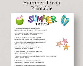 Juego de trivia de verano, divertido cuestionario familiar (PDF imprimible)