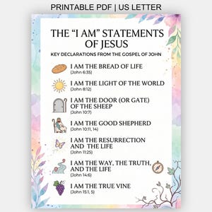 May include: A printable US letter PDF featuring The I Am Statements of Jesus with key declarations from the Gospel of John. The document includes seven lines of text with corresponding icons, all framed by a soft, colorful watercolor floral border.