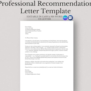 Plantilla de carta de recomendación profesional editable en Canva y Word Carta de referencia laboral Diseño empresarial moderno Carta de recomendación