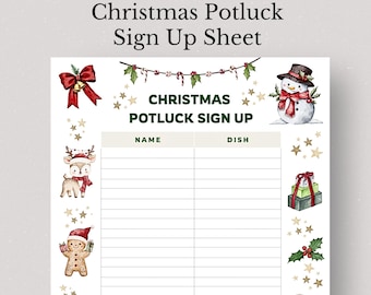 May include: A Christmas Potluck Sign Up Sheet with festive watercolor illustrations. The sheet features a red bow, a snowman, a reindeer, a gingerbread man, and wrapped gifts. The text "Christmas Potluck Sign Up" is displayed at the top.