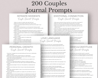 May include: A set of five printable journal prompts for couples, with each page focusing on a different theme: Intimate Moments, Emotional Connection, Personal Growth, Love Language, and Stories & Gratitude. The pages are white with black text and a simple design.